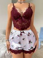 Set Piyama Wanita Seksi Berbahan Satin dengan Renda, Atasan Camisole dan Celana Pendek, Pakaian Tidur Dua Potong, Lingerie Modis untuk Butik
