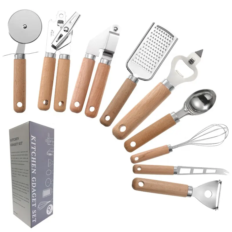 Kitchen Tools & Gadgets 9Pcs Wooden Handle Stainless Steel Kitchen Gadgets Set
