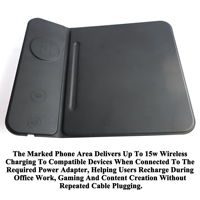Tapis de souris magnétique sans fil multifonctionnel personnalisé 15W avec porte-stylo, tapis de bureau en cuir PU pour la maison et le bureau