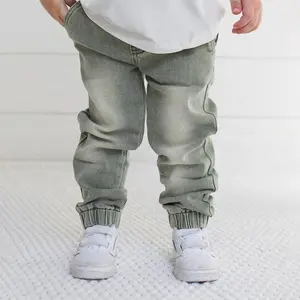 New Casual Green Washed Cotton Kids Denim Jogger Pants Plus Size Breathable Kids Jeans