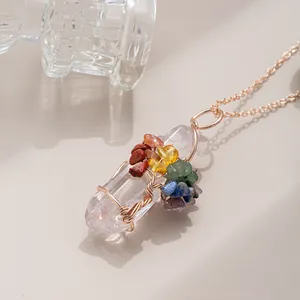 Chakra Gemstone Tree of Life Wire Wrapped Natural Clear Quartz Healing Crystal Point Pendant Necklace Mother's Day Gift
