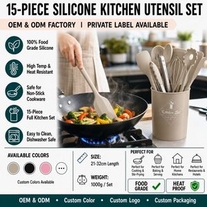 LA Custom Logo 15 Pcs Silicone <b>Cooking</b> <b>Utensils</b> <b>Set</b> With Storage Canister Free Dishwasher Safe Non-Stick Baking Serving OEM ODM - Product Image 1