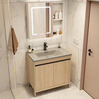 Meuble-lavabo de salle de bain en aluminium couleur bois naturel, étanche et résistant à l'humidité, avec vasque intégrée en céramique grise et porte pleine hauteur