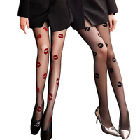 Collants transparents en velours pour femmes, motif lèvres et baisers, pour soirée et usage quotidien, noirs