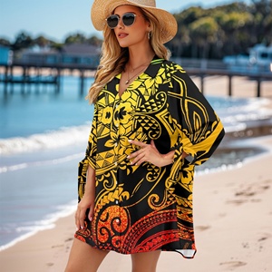 Hawaiian Tropical Floral Print <strong>Women's</strong> Plus Size Button Cover <strong>Blouse</strong> Long <strong>Half</strong> Sleeve Beach Bathing Suit Cover Ups - Product Image 3