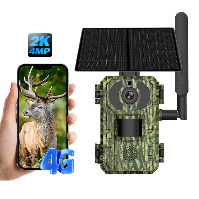 4G Trail Cam 7800mAh 2K Wildlife Hunting Camera 4W Solar Panel 0.2s Trigger Motion Detection 2-way Audio 4G Hunting Trail Camera