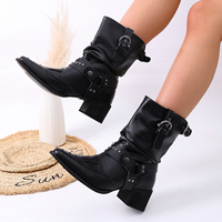 Bottes mi-mollet femme en PU souple, style moto, à talon bloc moyen, bout pointu, avec boucle métallique et rivets, à enfiler, style biker western