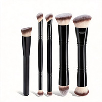 Lot de 5 pinceaux de maquillage à double embout en poils synthétiques avec manche en bois, pinceau plat pour anticernes, fond de teint, fard à joues, poudre et fard à paupières