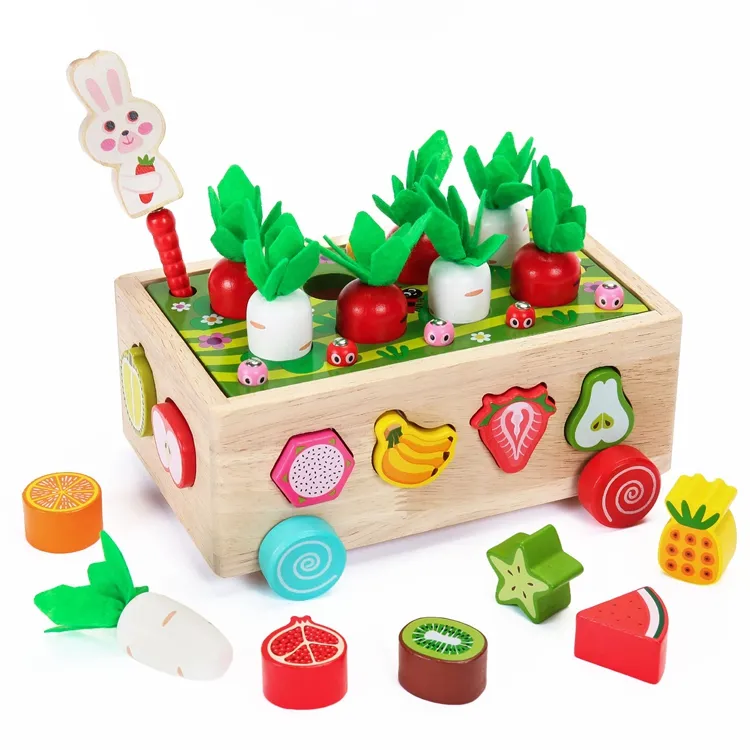 Wooden Toddler Toys Wooden Carrot Pulling Baby Farm Fruits And Vegetables Toy Car Shape Building Blocks Sorting Box For Kids
