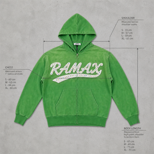 Sweat à capuche zippé vert délavé vintage 380 GSM pour homme, avec lettres en chenille et strass, OEM ODM - Product Image 2
