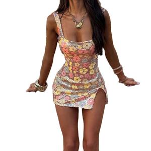 Vestido Mini Casual Elegante <span class=keywords><strong>de</strong></span> Primavera/Verano, Personalizado, <span class=keywords><strong>de</strong></span> Alta Calidad, Sin Mangas, con Tirantes Finos, Estampado Floral con Lentejuelas, para <span class=keywords><strong>Vacaciones</strong></span> - Product Image 4