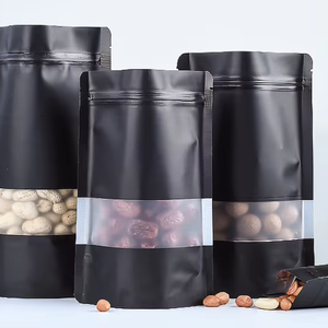 Bolsa Doypack Negra de Grado Alimenticio para Snacks, Patatas Fritas, Alimentos para Mascotas, Azúcar, con Ventana - Product Image 1