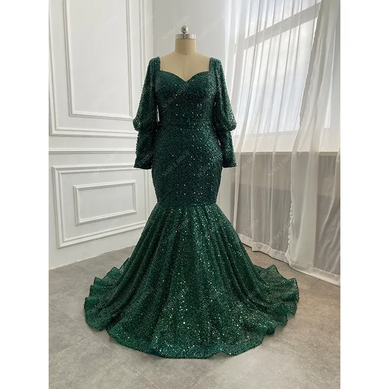 Luxury Emerald Green Mother of Bride Dresses Modest Elegant Plus Size Evening Dress Sequin Long Sleeve Formal Wedding Party Gown