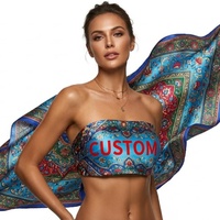 Selendang Sutra Cetak Bunga Vintage Biru Kustom, Syal Satin Persegi Besar, Cetak Sublimasi Logo Personal, Tube Top