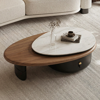 Modern 360 °   Table basse rotative avec plateau en marbre blanc, plateau en placage de noyer, base noire, un seul tiroir, meubles de salon