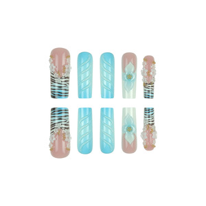 Faux ongles 3D bleus style ligne, motifs floraux mignons, de luxe, réutilisables et détachables pour manucure de fête, vente en gros - Product Image 4