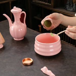 BAMBUS <span class=keywords><strong>Théière</strong></span> et ustensiles en céramique rose de style japonais faits à la main Service à thé Matcha pour cuisine avec design traditionnel - Product Image 3