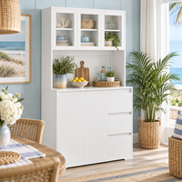 Buffet blanc avec vitrine, 3 tiroirs, comptoir ouvert, en mélaminé, pour cuisine et rangement, vente en gros