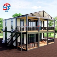 Casa Contenedor Prefabricada de Dos Pisos, Villa Modular con Panel Sándwich, Techo a Dos Aguas, Terraza y Balcón para Edificio de Oficinas u Hotel