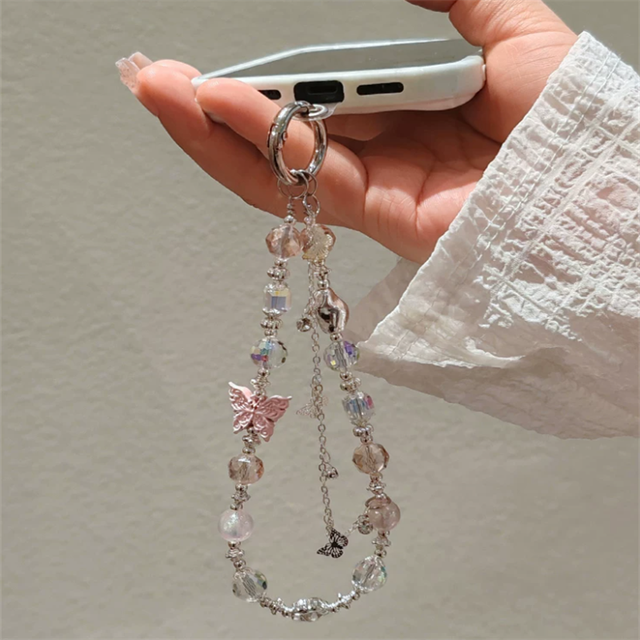 Cute Beaded Phone Charm Butterfly Pendant | Y2K Aesthetic Phone Accessory | Wholesale Custom Lanyard for Women