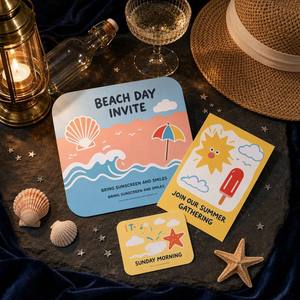 Set di Inviti Personalizzati per Giornata in Spiaggia - Tema Estivo: Sole, Ghiaccioli, Stelle Marine, Conchiglie - Biglietti di Auguri Costieri per Ospiti - Product Image 3
