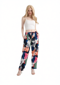Pantalon Harem Floral Femme Taille Élastique Coupe Ample Longueur Cheville Imprimé Décontracté Tricoté d'Été avec Poches - Product Image 1