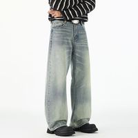 Pantalon en jean évasé délavé et vieilli pour homme, style rétro américain, coupe droite ample et large, printemps/automne