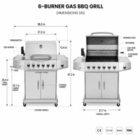Barbecue à gaz en acier inoxydable 6 brûleurs avec armoire de rangement et grilles en fonte pour fêtes en plein air