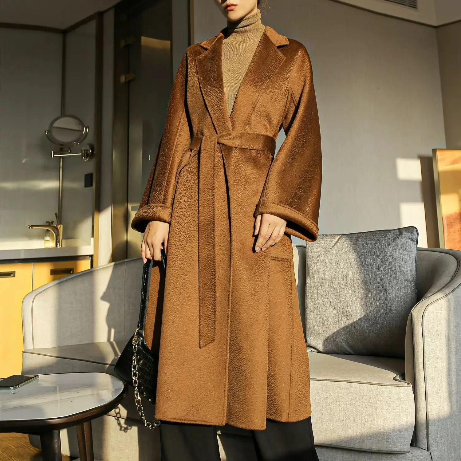 Yeni moda kış kadın sonbahar uzun yün ceket çift yüzlü uzun hakiki yün trençkot
