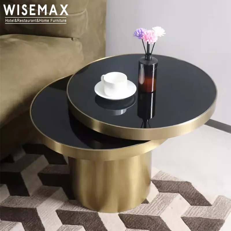 WISEMAX metà del secolo vintage salotto tavolino contemporaneo nero e ottone grande tavolino rotondo girevole in vetro