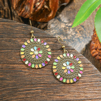 Set Anting Tetes Air Gaya Boho untuk Wanita, Anting Geometris dari Paduan Logam dengan Motif Bunga, Anting Gantung Berwarna Pelangi