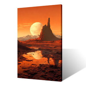 Impression sur toile suspendue carrée art déco avec peinture en aérosol de montagne extraterrestre ciel cramoisi silhouette planétaire - Product Image 3