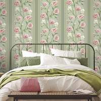 Wallpaper Mural Bunga Peony Merah Muda Garis Vertikal Hijau Vintage Wallpaper Kustom untuk Kamar Tidur Cottage Hotel Ruang Tamu Dekorasi Dinding