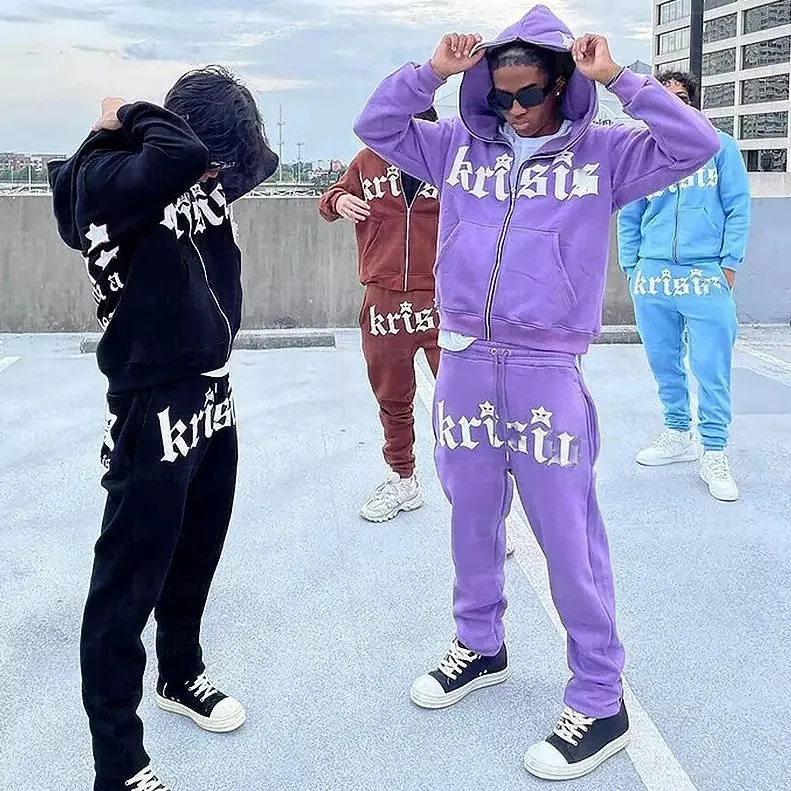 custom french terry sweatsuits 2 piece 100% cotton sweat suits full zip up mens hoodie and joggers 3d puff print sweat pants set