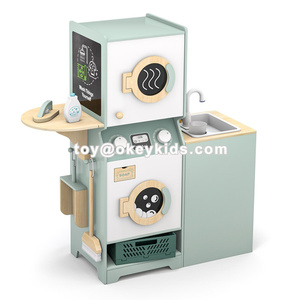 Station de lavage <span class=keywords><strong>en</strong></span> <span class=keywords><strong>bois</strong></span> avec machine à laver double fonction, surface de dessin <span class=keywords><strong>en</strong></span> tableau noir, séchoir suspendu et bacs de tri W10L284 - Product Image 6