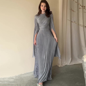 2026 OEM Manufacturer Solid Color Waist Fashion Muslim Women's Long Sleeve Women's Pleated Robe <strong>Dress</strong> Evening <strong>Dress</strong> Party <strong>Dress</strong> - Product Image 3