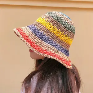 2022 Korean Spring Summer Outdoor Sun Cap Colorful Handmade Crochet Bucket Visor Hat Folded Beach Sunscreen Straw Hats For Women