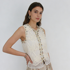 Canotta Trasparente da <span class=keywords><strong>Donna</strong></span> con Ricami, Motivo Floreale Bianco, Bordi con Perline, Scollo a V, Canotta Essenziale Leggera in Rete Personalizzabile - Product Image 2