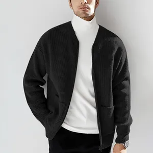 Cardigan de malha 7gg para homens, suéter de malha com gola simulada com logotipo personalizado, manga longa com zíper completo