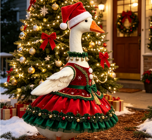 Winter Christmas Goose Outfit Set Dress Santa Hat Bells Wreath Outdoor Garden Holiday Decoration - Product Image 6