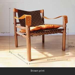 Chaise de loisir nordique antique en bois massif et cuir pour salon et balcon - Product Image 2