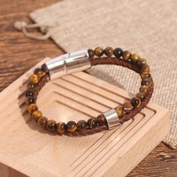 Bracelet en cuir pour homme, tendance, avec perles en pierre naturelle marron, simple, double couche, fermoir magnétique en alliage.