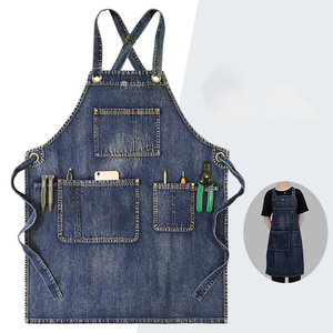 Grembiule in denim di cotone lavabile alla moda con cinghie intrecciate regolabili incrociate, anti-macchia, per giardinaggio, estetica e uso domestico, da donna - Product Image 1