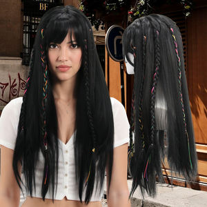 Anxin Peluca de Cabello Largo Liso con Doble Cola de Caballo y <span class=keywords><strong>Trenzas</strong></span> de Cuerda Coloridas, Flequillo Ordenado, 100% Fibra de Alta Temperatura, 130% de Densidad, con Botón - Product Image 1
