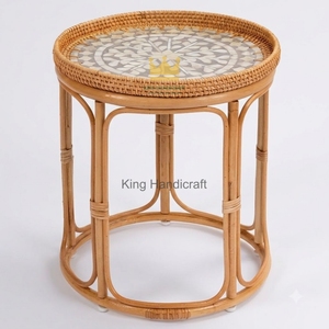 Modern Wicker Bamboo <b>Bedside</b> <b>Table</b> Floral Shell Mosaic Top <b>Round</b> Accent Stool Living Room Coffee <b>Table</b> B2B - Product Image 1
