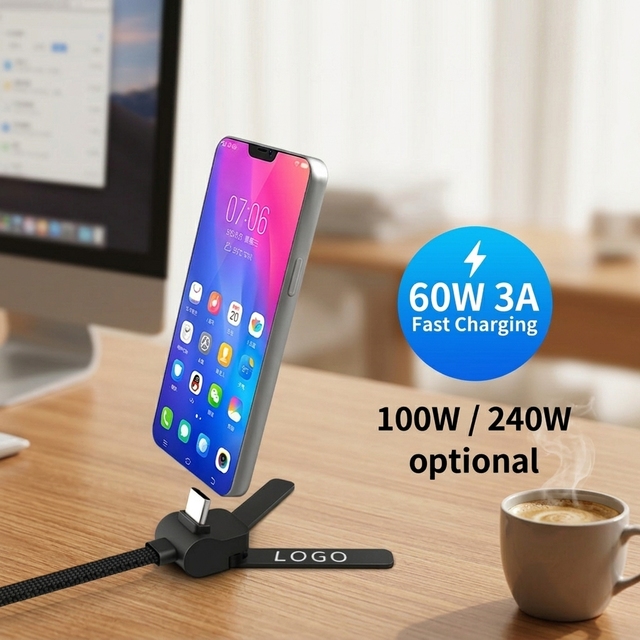 240W 100W 60W 3A Fast Charging USB Type C Cable With Integrated Phone Holder Stand Naturally Tilted 70 Degree Braided Sync Wire