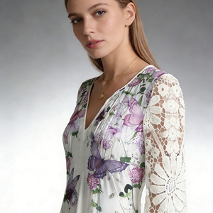 <b>Women's</b> Elegant Mid-Length Button <b>T</b>-<b>Shirts</b> Butterfly Lace Crocheted Sleeve Casual Office Top with Sweet Short V-Neck <b>for</b> Bigsize - Product Image 3