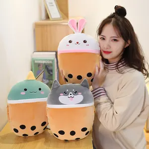 Boneka lembut lucu Boba cangkir teh susu dinosaurus Husky bantal boneka kelinci hewan mewah Boba penghangat tangan