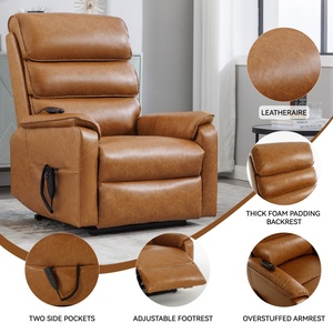 Chaise en cuir Leathaire jaune brun 180 °   Fauteuil inclinable avec massage et chaleur, double moteur, fonction de levage électrique, pour le salon, pour regarder la télévision - Product Image 4