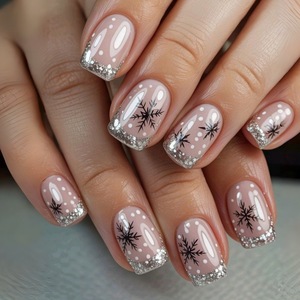 Uñas postizas francesas de invierno para Navidad, con purpurina plateada transparente, copos de nieve y lunares, al por mayor - Product Image 1